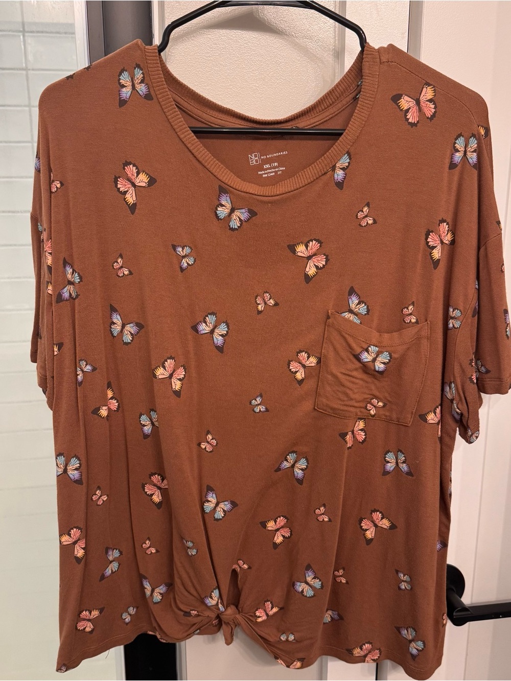 No Boundaries Brown Short Sleeve Tee with Multicolor Butterfly Print